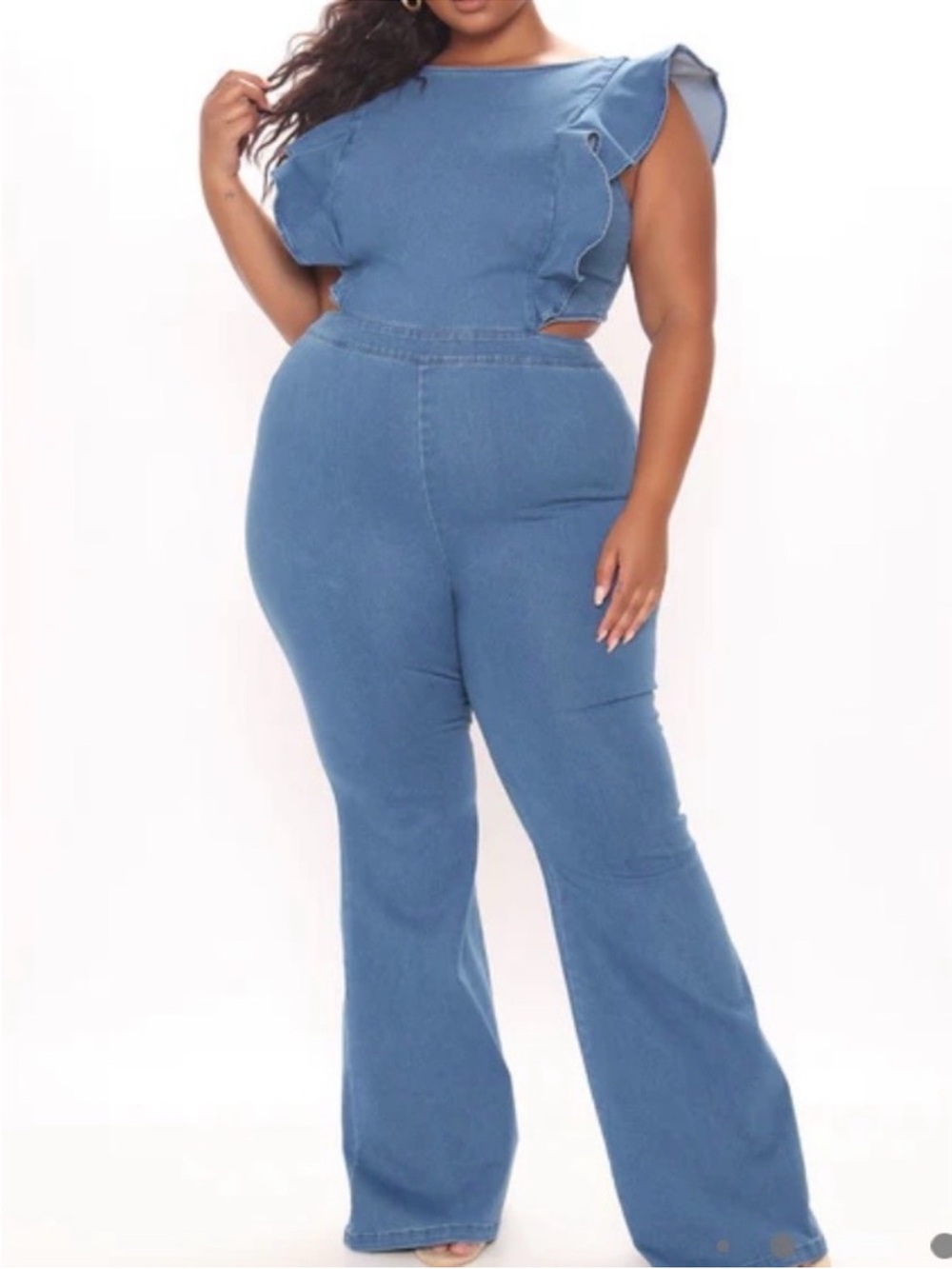 Fashion Nova Blue Denim Cutout Jumpsuit
